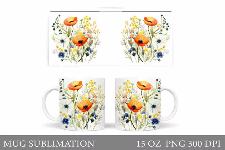 Wildflowers Mug Sublimation. Flowers Mug Wrap Design
