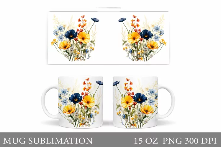 Flowers Mug Wrap Design. Wildflowers Mug Sublimation