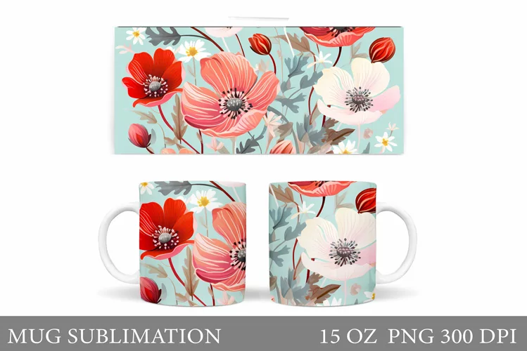 Wildflowers Mug Sublimation. Flowers Mug Wrap Design