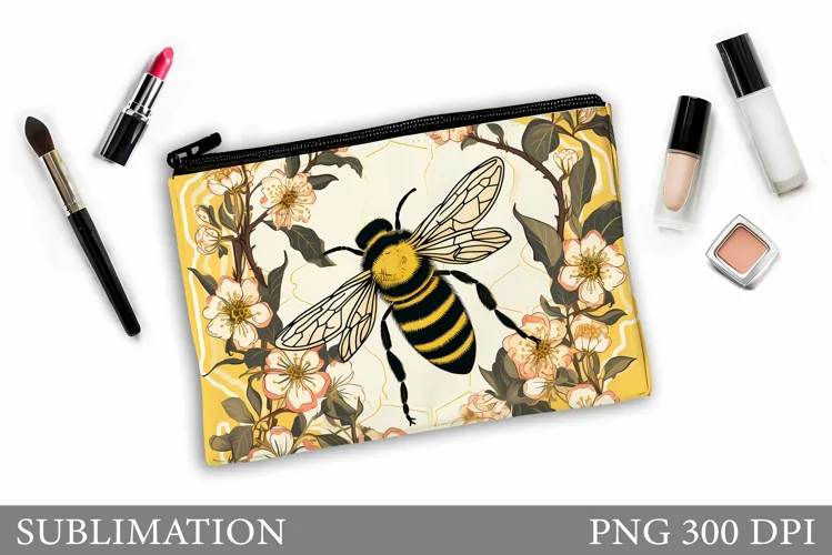 Bee Makeup Bag Sublimation. Floral Makeup Pouch Design