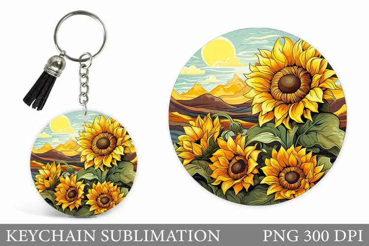 Sunflowers Keychain Sublimation. Flowers Round Keychain