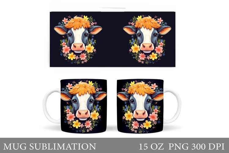 Cute Cow Mug Sublimation. Flowers Mug Wrap Design example image 1