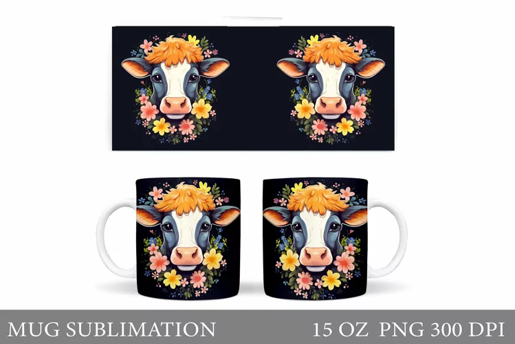 Cute Cow Mug Sublimation. Flowers Mug Wrap Design