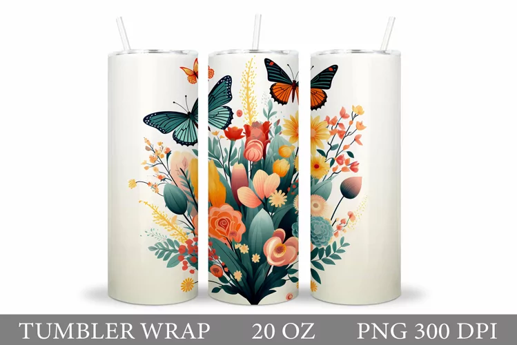 Butterflies Tumbler Sublimation. Flowers Tumbler Design