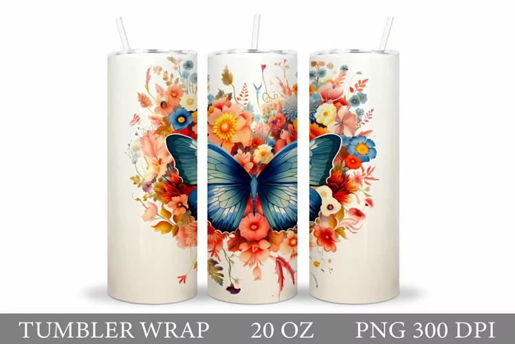 Butterflies Tumbler Sublimation. Flowers Tumbler Wrap Design