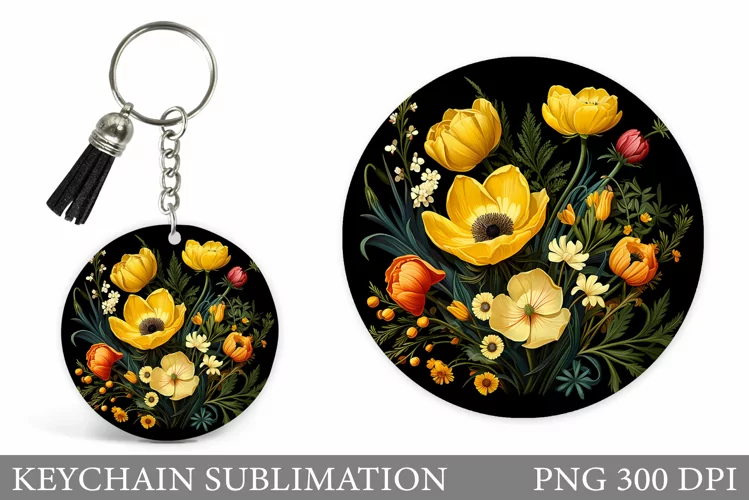 Flowers Keychain Sublimation. Flowers Round Keychain Design