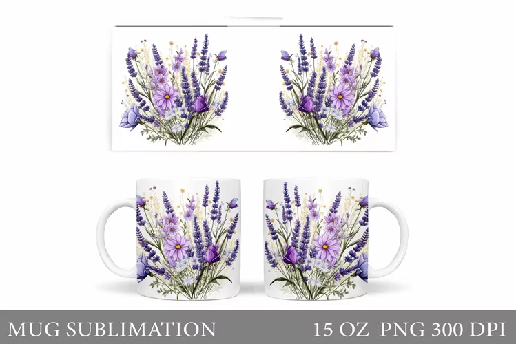 Flowers Mug Wrap Sublimation. Lavender Mug Design