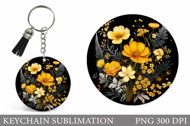 Wildflowers Keychain Design. Round Keychain Flowers Template