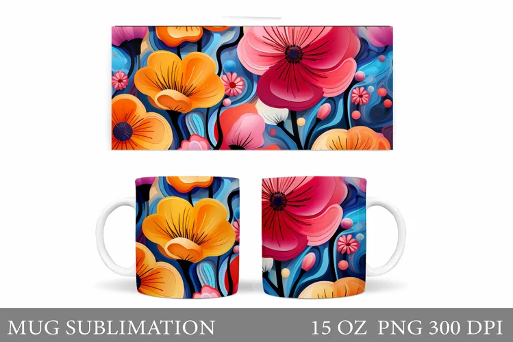 Flowers Mug Sublimation. Floral Mug Wrap Design