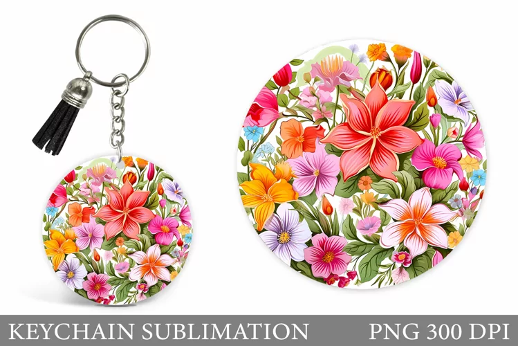 Flowers Keychain Sublimation. Flowers Round Keychain Design