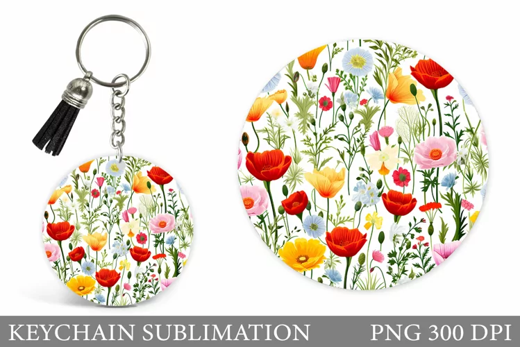 Wildflowers Keychain Design. Round Keychain Flowers Template