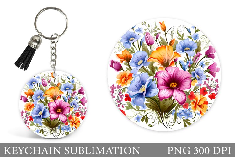 Wildflowers Keychain Design. Round Keychain Flowers Template