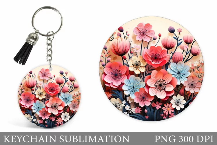 3D Flowers Keychain Sublimation. Flowers Round Keychain