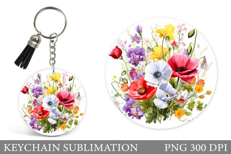 Flowers Round Keychain. Wildflowers Keychain Sublimation