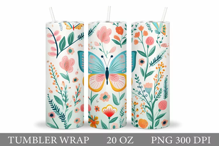Butterflies Tumbler Design. Flowers Tumbler Sublimation