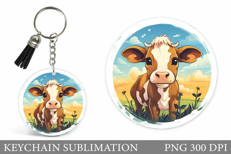 Cute Cow Keychain. Cow Round Keychain Sublimation