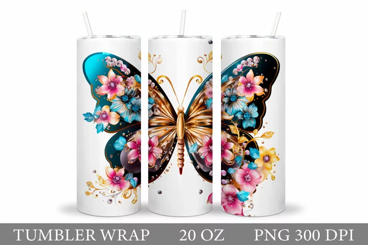 Butterfly Tumbler Sublimation. Flowers Tumbler Wrap Design