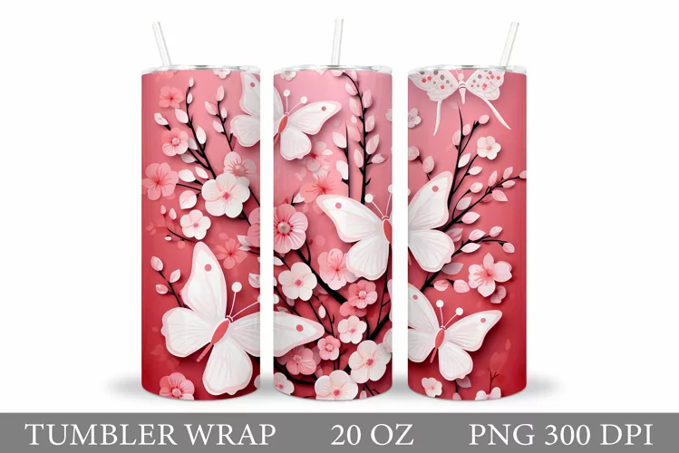 Butterflies Tumbler Sublimation. Flowers Tumbler Wrap Design