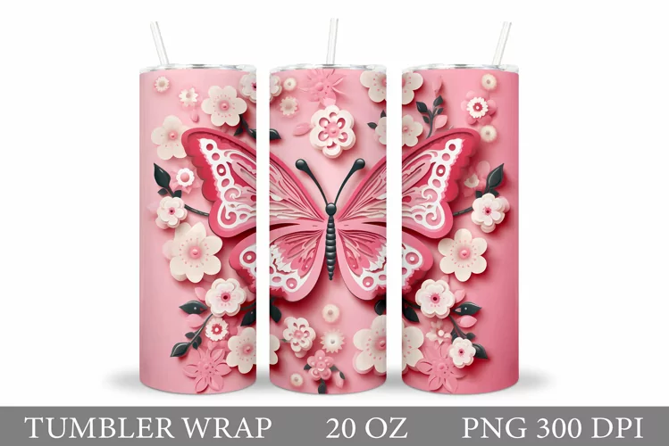 Butterflies Tumbler Sublimation. Flowers Tumbler Design