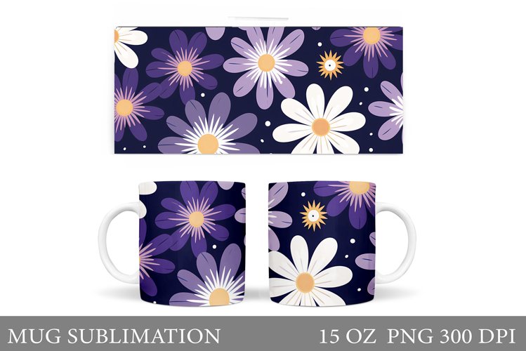 Flowers Mug Sublimation. Daisy Flowers Mug Wrap Design example image 1