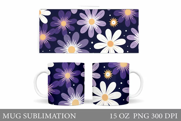 Flowers Mug Sublimation. Daisy Flowers Mug Wrap Design