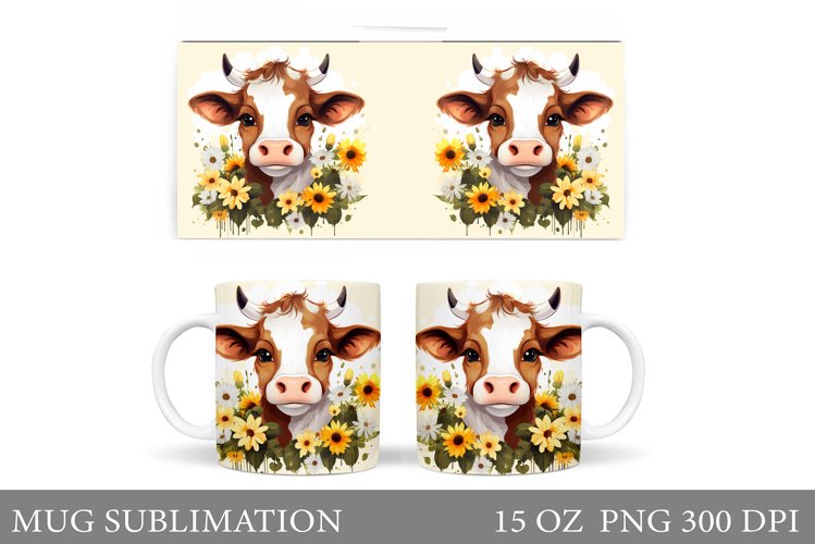 Cute Cow Mug Sublimation. Flowers Mug Wrap Design