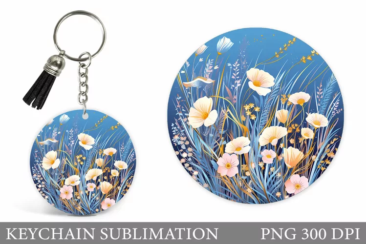 Wildflowers Keychain Design. Round Keychain Flowers Template