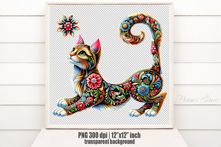Floral cat sublimation design png |Cute Folk flowers clipart