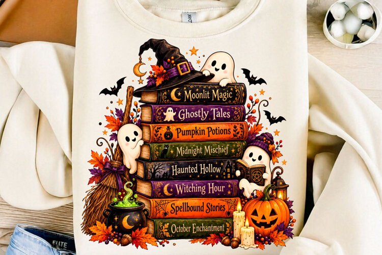Spooky Ghost Halloween Book Stack PNG example image 1