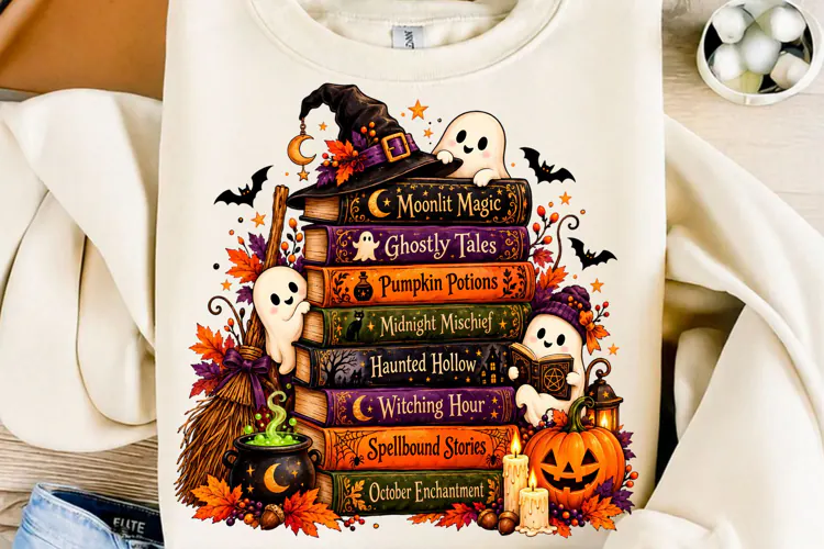 Spooky Ghost Halloween Book Stack PNG