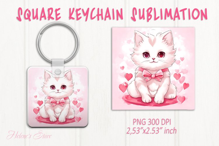 Cute cat keychain sublimation | Pink love Square keychain