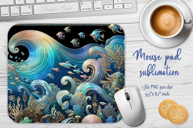 Iridescent blue ocean sublimation design mouse pad