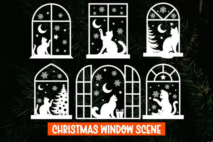 6 Christmas Cat Window decal SVG, Christmas Window Display