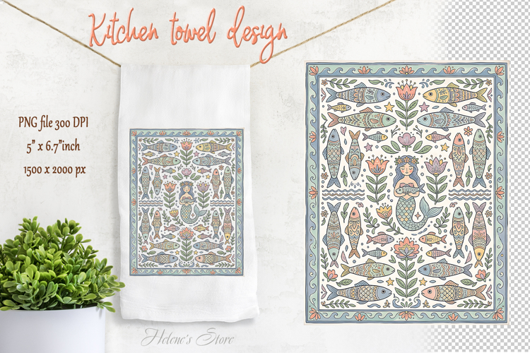Funny Ocean life| Cute folk floral pattern kitchen towel png
