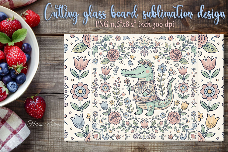 Pastel alligator folk floral tile glass cutting board design