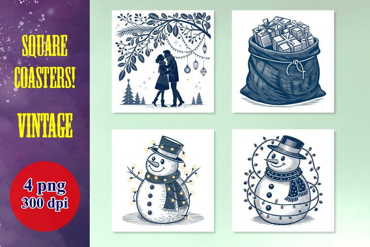 Vintage Christmas Essentials Coasters PNG Bundle - 4 Designs