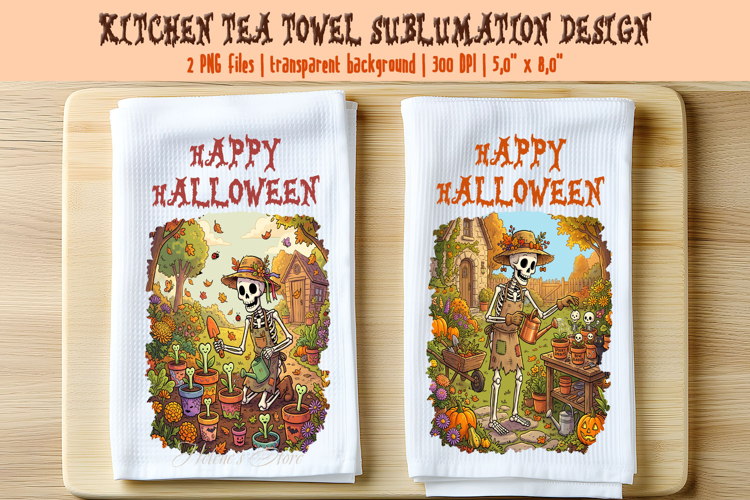 Funny Halloween Gardener Skeleton kitchen towel designs PNG
