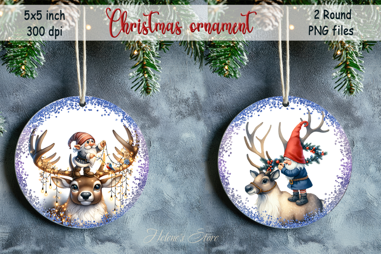 Funny gnome and deer round ornament sublimation designs png