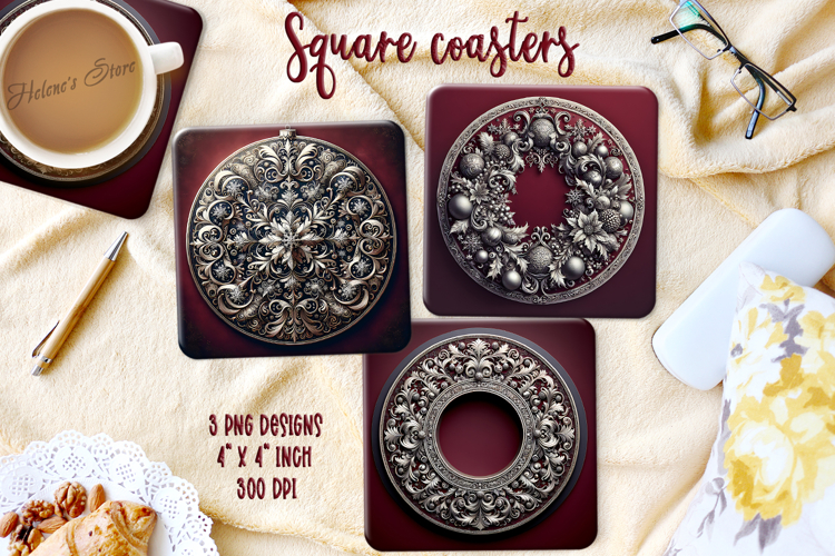 Vintage Christmas silver pattern square coasters sublimation