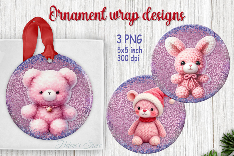 Christmas sweet bear round ornament designs png| Pink bunny