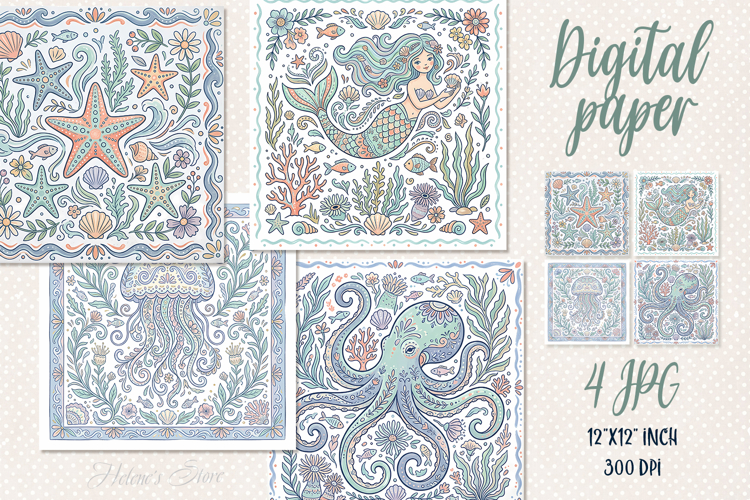 Folk floral ocean tiles digital papers jpeg | Scrap booking