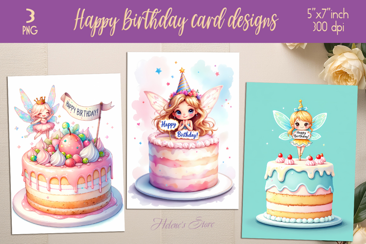Cute fairy on cake greeting card design|Happy Birthday cards
