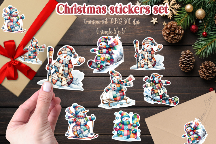 Christmas patchwork printables stickers | Cute snowman png