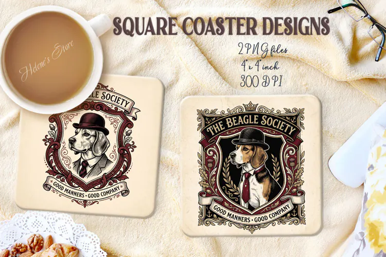 Vintage Gentlemen Dog square coasters sublimation design png