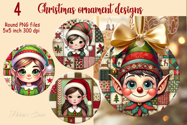 Christmas patchwork round ornament sublimation designs PNG
