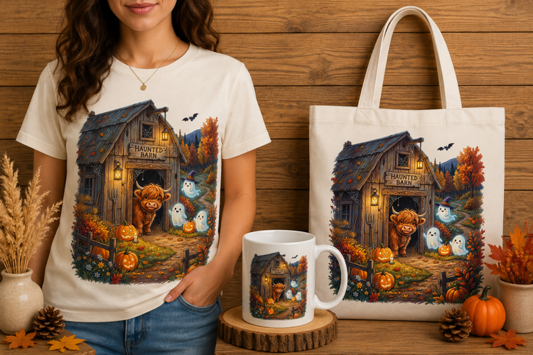 Spooky Highland Cow Halloween Haunted Barn Print