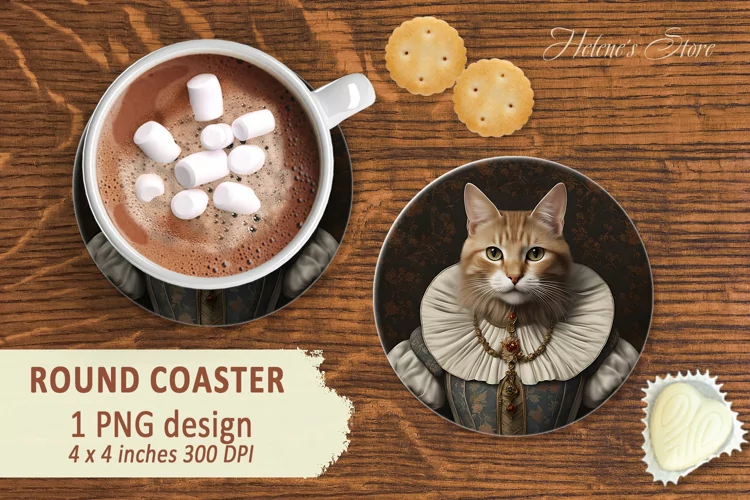 Lady cat Round Coaster sublimation| cat in medieval costume