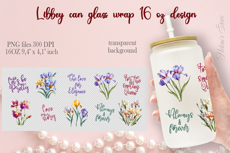Cute iris flowers pattern Libbey Can Glass Wrap 16oz design