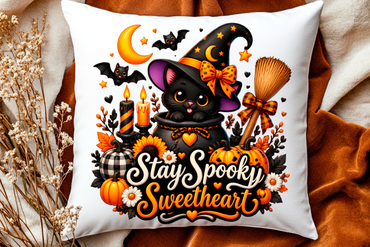 Cute Halloween black cat witch with pumpkin and spooky