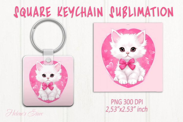 Cute cat keychain sublimation | Pink love Square keychain